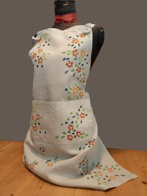 Raw linen kitchen apron ochre flowers