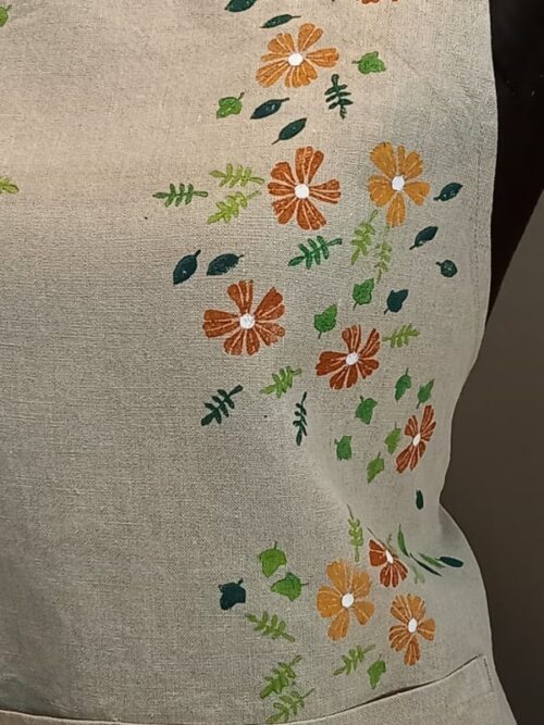 Raw linen kitchen apron ochre flowers