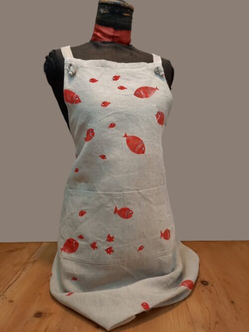 Raw linen kitchen apron goldfish