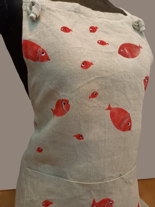 Raw linen kitchen apron goldfish