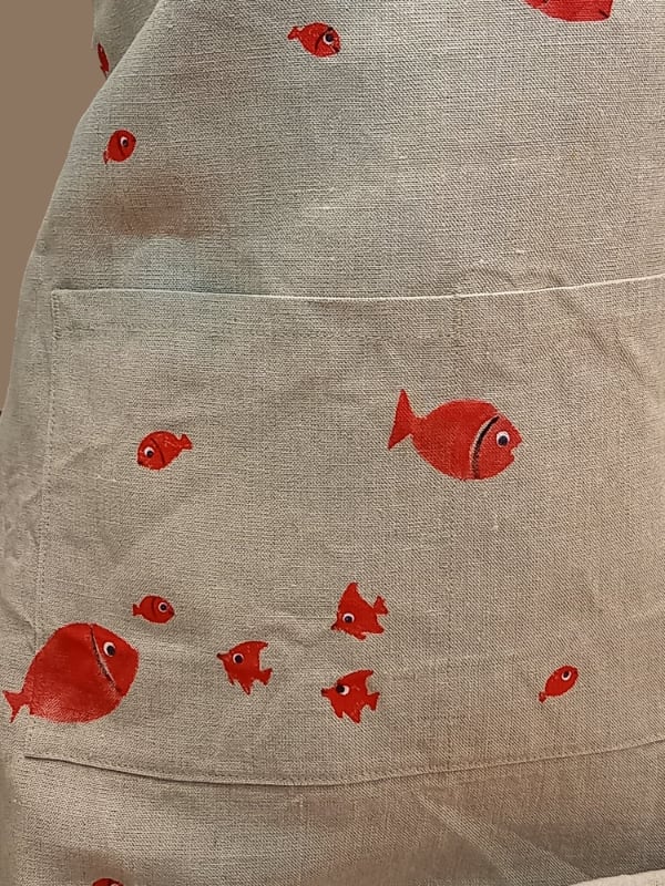 Raw linen kitchen apron goldfish